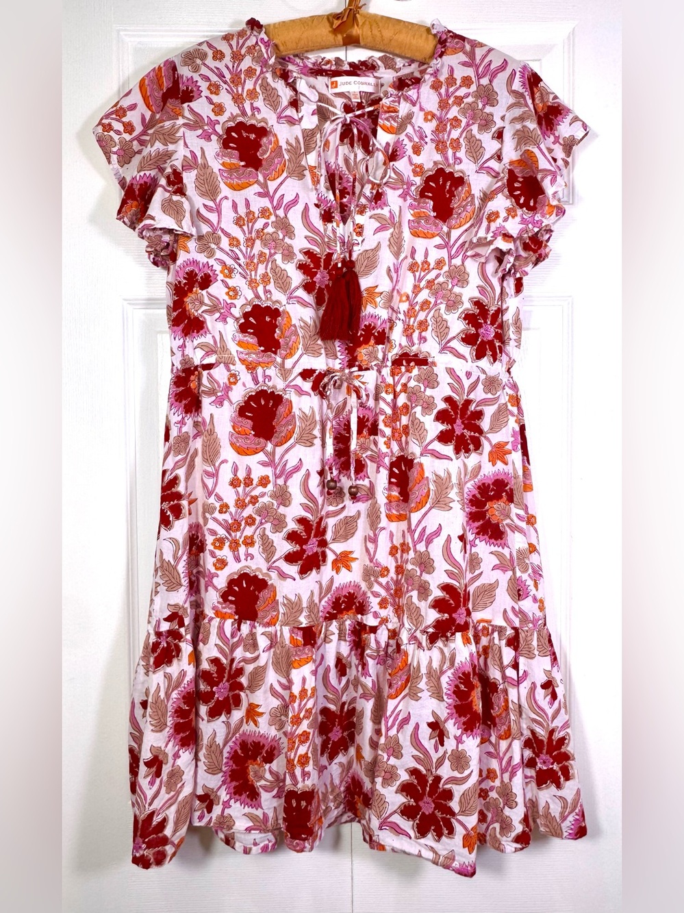 Jude Connally Sabrina Floral Tassel Tie Cotton Dress Size Large EUC